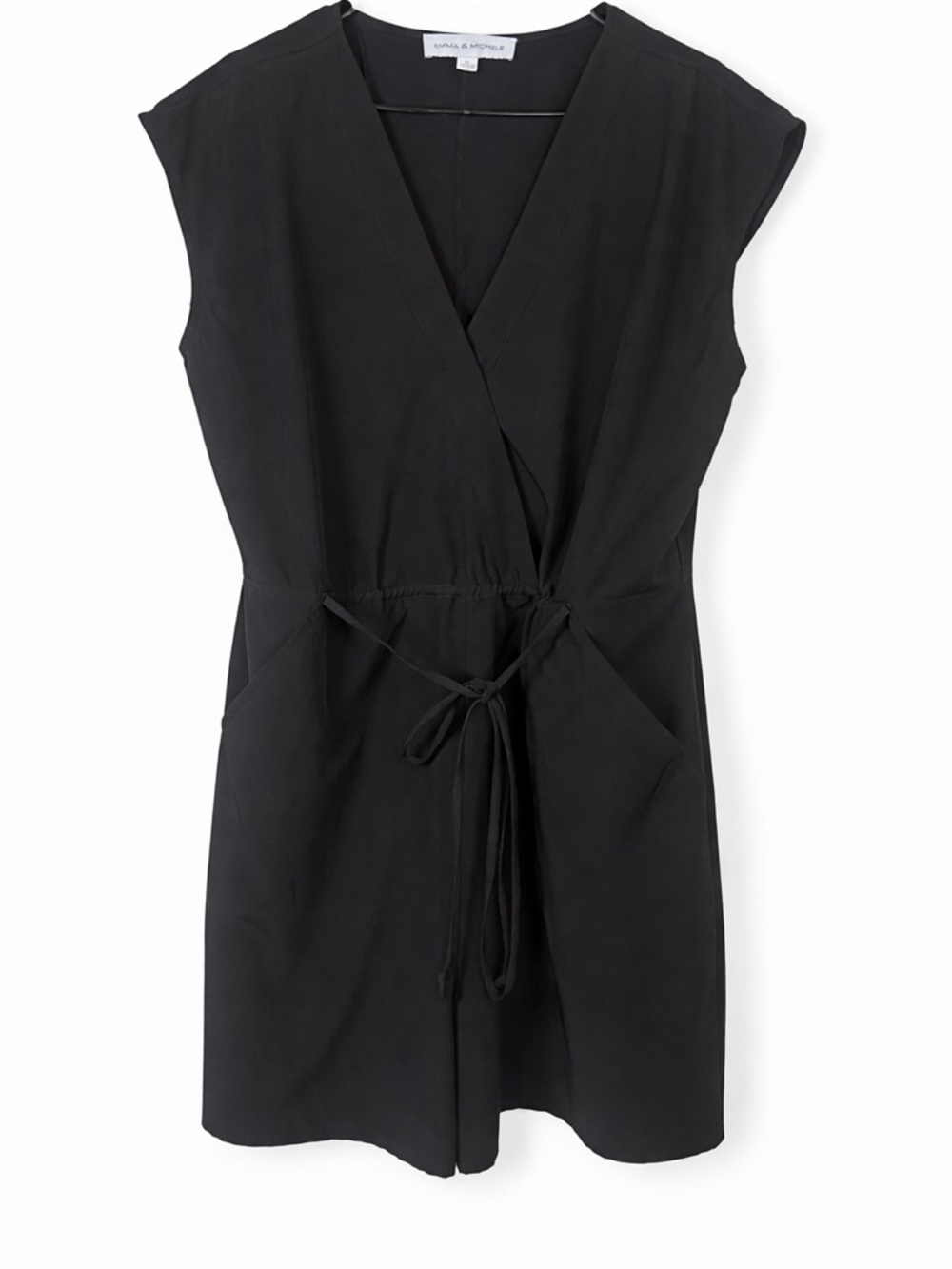 Emma & Michele Black Sleeveless Romper XL Tie Waist Pockets Career Minimalist